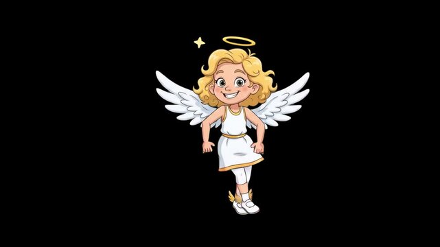 A charming 2D animated graphic of a little angel girl with blonde curls, a white dress, feathered wings, and a glowing golden halo jumping in place. Set against a solid black background, this high-con