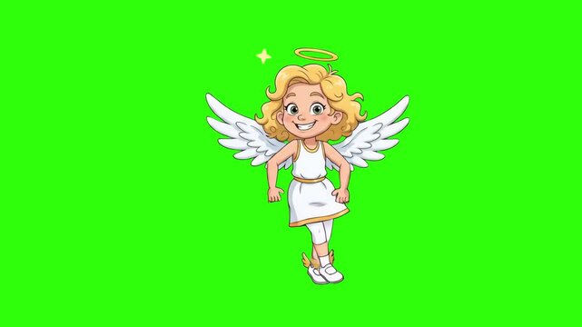 A cute 2D animated character of a little angel girl with curly blonde hair, white dress, feathered wings, and a golden halo, smiling while jumping in place. Isolated against a chroma key green screen 