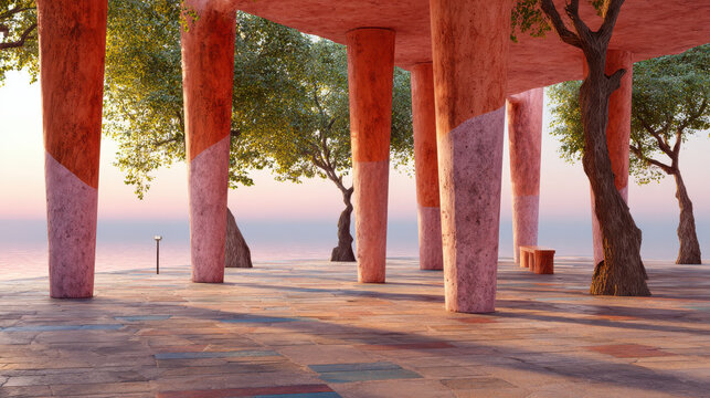 Terracotta pillars and mineral stone floor create aesthetic outdoor space with trees and soft natural light at sunset