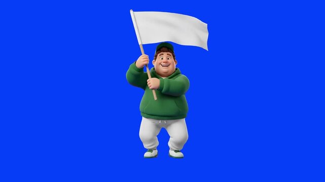 A cheerful 3D animated character of a plus-size man wearing a green hoodie, white sweatpants, and a baseball cap, jumping in place while holding a blank white waving flag. Sourced against a solid chro