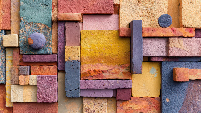 Colorful terracotta mineral blocks create aesthetic textured wall with vibrant hues and geometric shapes in harmonious design