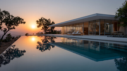 Fototapeta premium luxury modern villa with infinity pool overlooking mountains during a stunning golden sunset in a vacation destination