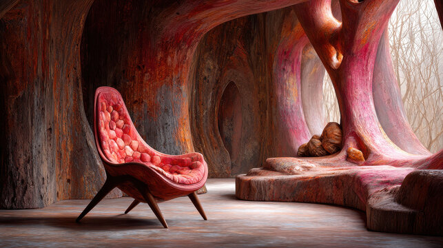Terracotta chair with mineral texture in aesthetic organic interior design featuring natural light and curved shapes