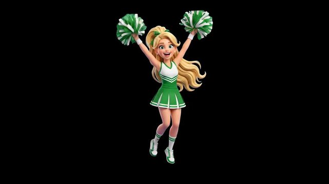 A dynamic 3D cartoon character of a blonde cheerleader in a green uniform jumping high into the air with green pom-poms raised, isolated against a dark black background. Excellent for sports team cele