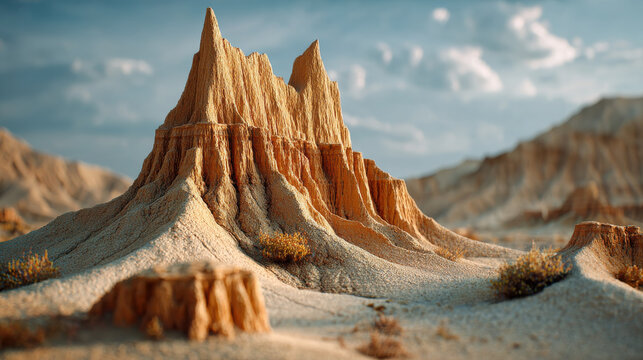 Terracotta mountain peak with mineral textures creates aesthetic desert landscape under cloudy sky with warm light