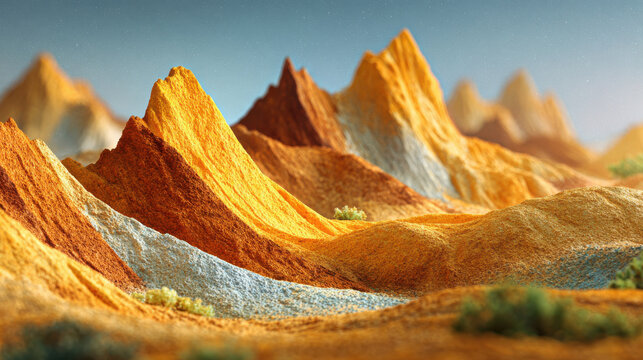 Terracotta mountain landscape with mineral textures and aesthetic natural colors under clear sky in warm sunlight