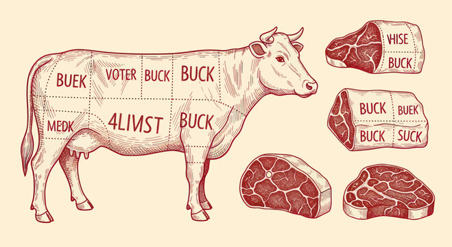 Vintage Butcher Shop Diagram of Beef Cuts with Cow Illustration.