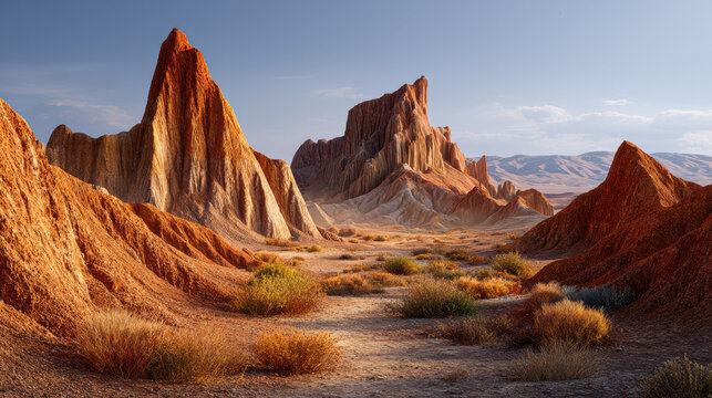 Desert landscape with terracotta mineral rock formations and aesthetic natural scenery under clear sky