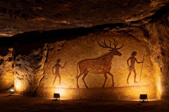 Prehistoric cave painting depicting humans and a stag in a dimly lit underground chamber
