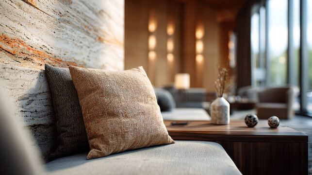 Soft terracotta cushion and mineral textured pillow create aesthetic cozy corner on modern sofa in warm ambient light