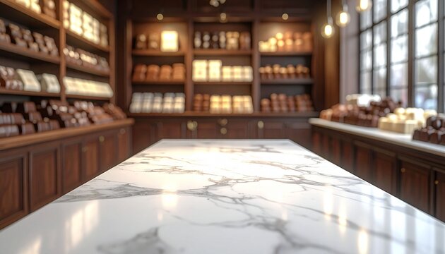 An empty white marble counter, with a blurred backdrop of shelves in a chocolate shop.