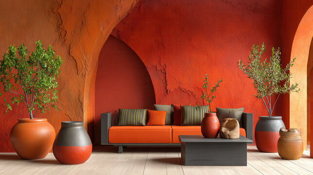 Terracotta pots and mineral textured wall create aesthetic living room with orange sofa and green plants for warm cozy feel