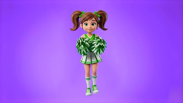A vibrant 3D animated asset depicting a cheerful young cheerleader girl with brown pigtails in a green and white uniform, holding pom-poms while jumping in place. Set against a solid purple studio bac