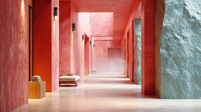 Terracotta walls and mineral stone create aesthetic corridor with soft light and mist enhancing serene atmosphere