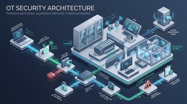 OT network security infrastructure isometric concept featuring firewall blocking cyber threats to protect automated industrial production