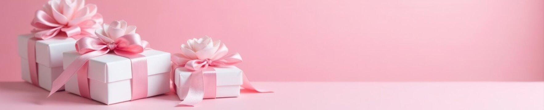 Elegant white gift boxes with pink satin bows and silver accents Pink background , confetti, festive