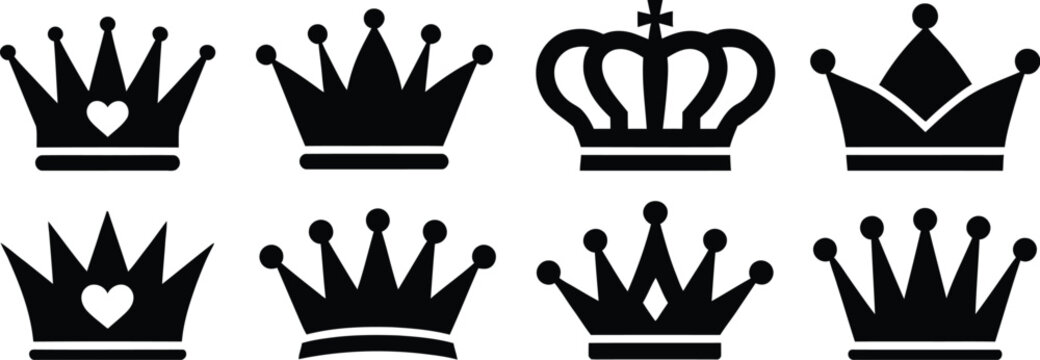 Black crown silhouette vector set isolated on white background royal king and queen headwear icons collection luxury jewelry design elements.