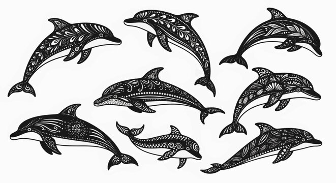 Set of black dolphin silhouettes with ornate floral and geometric patterns, tribal zentangle sea animal illustrations, marine life decorative graphics on isolated white background.