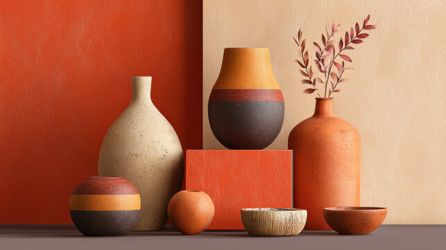 Terracotta vase and bowl set with mineral texture create aesthetic arrangement in warm earthy tones and natural shapes