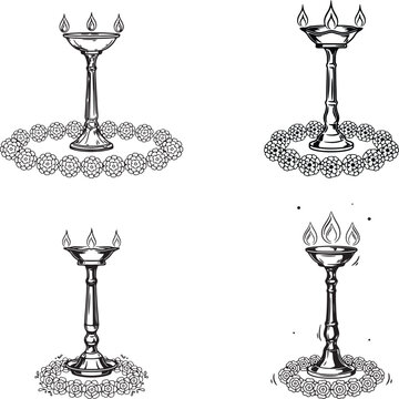Traditional Indian brass oil lamp set with marigold flower garland vector illustration