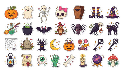 Obraz premium Cute Halloween Sticker Elements – Vintage Cartoon Pumpkins, Ghosts, Skeletons and Spooky Clipart Vector Set