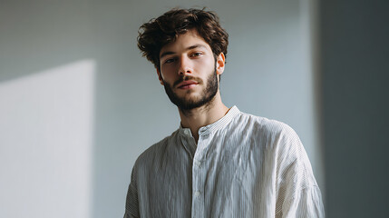 Obraz premium handsome man in white shirt standing confidently against wall with dramatic sunlight shadows