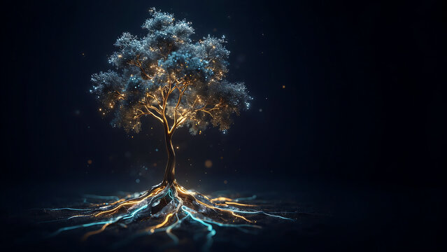 Digital glowing tree with luminous roots growing in dark virtual environment representing concept of growth and network.