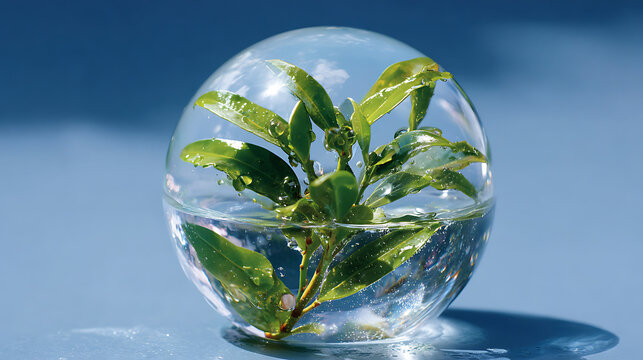 transparent glass sphere containing green leaves resting on water surface with reflection