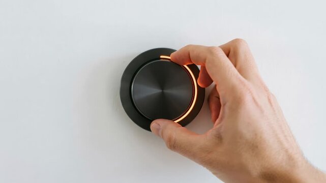 Man adjusts smart home thermostat dial on white wall. Hand turning rotary controller to change temperature settings. Automation technology for indoor climate control.