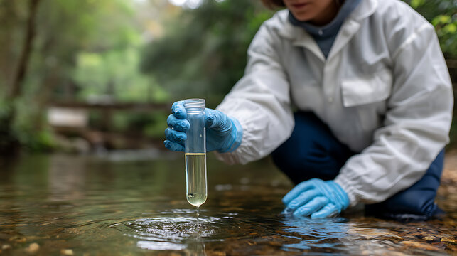 environmental technician kneeling by stream to collect water sample for quality testing analysis