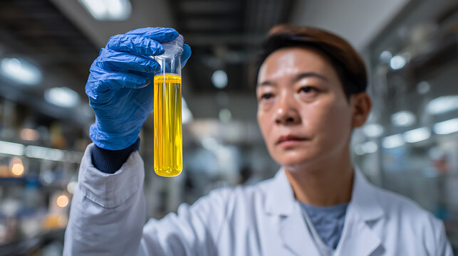 professional woman researcher holding sample test tube during chemistry analysis in modern lab
