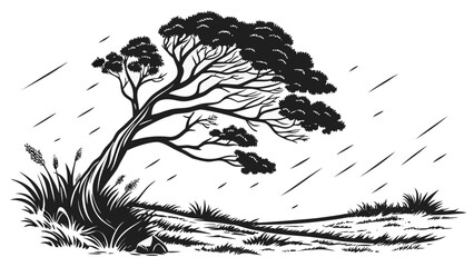 A single tree bending in a rainstorm on a grassy field, black and white line on a white background wind © murad