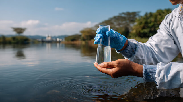 environmental researcher testing water quality by collecting sample in flask near lakeside