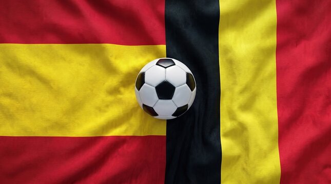 Soccer ball on the background of spain and belgium flags, international sports game.