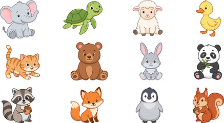 Cute Baby Animal Character Icon Set Featuring Adorable Elephant Turtle Lamb Duckling Kitten Bear Cub Bunny Panda Raccoon Fox Penguin and Squirrel Vectors © MdMostakin