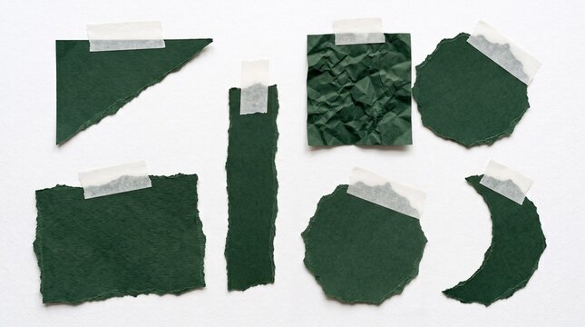 Various shapes of dark green torn paper pieces with rough edges and white adhesive tape strips arranged neatly on a plain white textured paper background