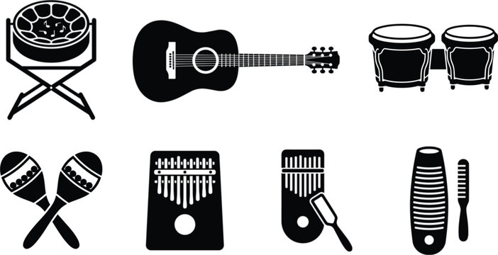 Collection of diverse musical instruments including guitar, steel drum, bongos, maracas, kalimbas, and guiro