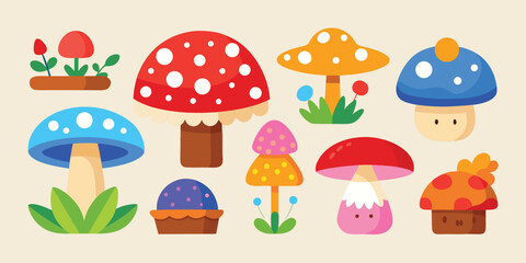 Fototapeta premium Cute cartoon mushroom forest elements sticker set in vector illustration