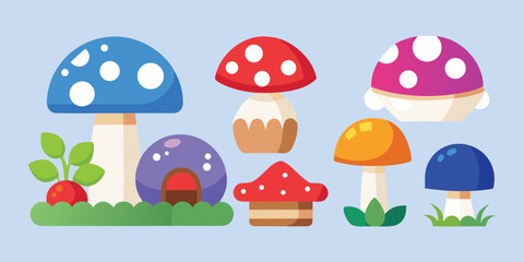 Fototapeta premium Cute cartoon mushroom forest elements sticker set in vector illustration