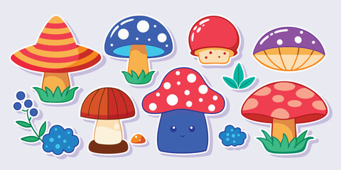 Fototapeta premium Cute cartoon mushroom sticker collection for scrapbooking and decoration