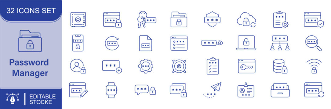 Password Manager Vector Outline Icons Set &ndash; Secure Login, Password Protection, Credential Storage and Authentication Line Symbols Collection