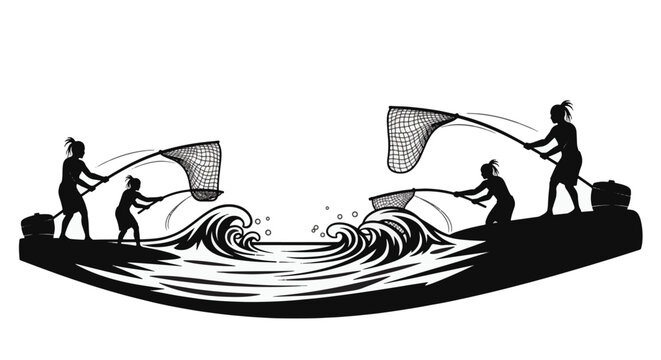 Black and white silhouette illustration of four ancient indigenous fishermen using traditional handheld dip nets to catch fish amidst stylized ocean waves on white background.