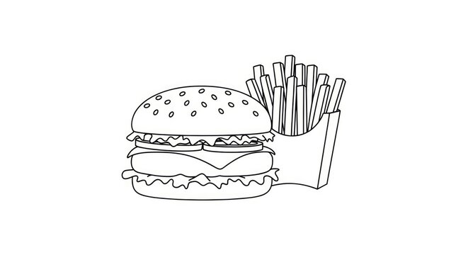 Minimalist line art illustration of a classic cheeseburger and french fries combo.