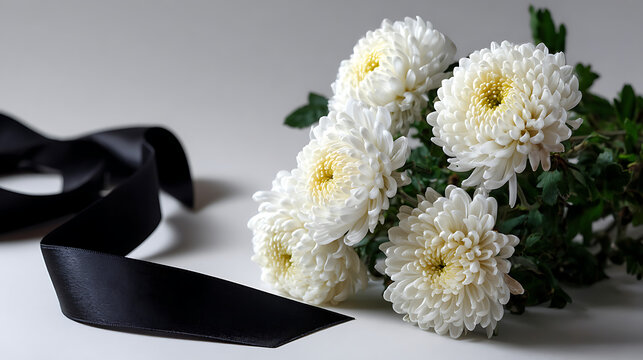 white chrysanthemum flowers with black ribbon representing sympathy funeral tribute and condolence