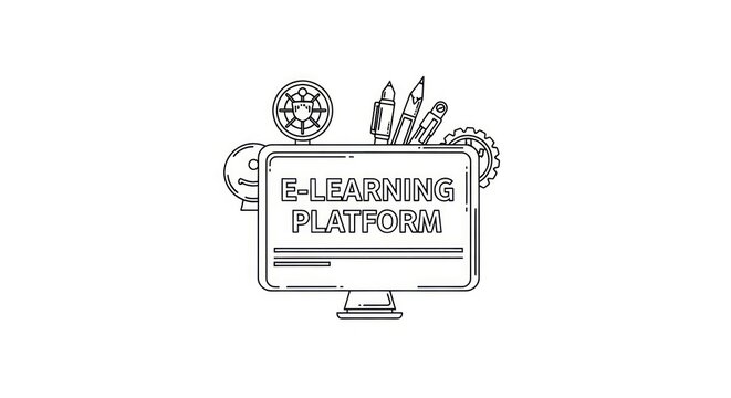 Minimalist line art illustration of an e-learning platform on a computer monitor screen.