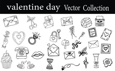 Obraz premium Retro vintage valentines day icons. Doodle sketch drawings in grunge charcoal style for wedding party celebration perfect for posters and invitation cards. Hand drawn chalk elements