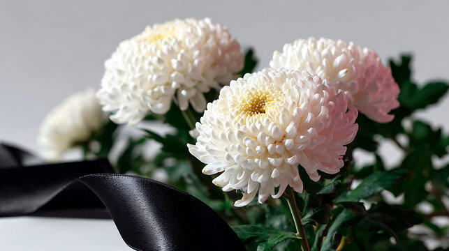 white chrysanthemum flowers with black ribbon representing sympathy funeral tribute and condolence