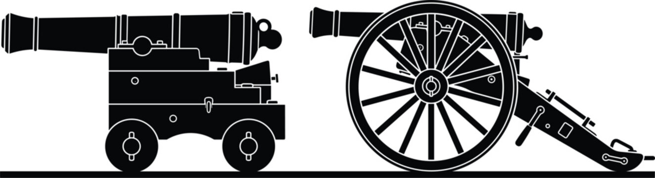 Vintage Cannon Silhouette Icon Set Featuring Ancient Artillery, Mortars, and Military Weapons for Historical Designs, Games, and Vector Illustrations