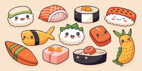 Cute sushi sticker set featuring traditional japanese food with happy faces © Sadhin07