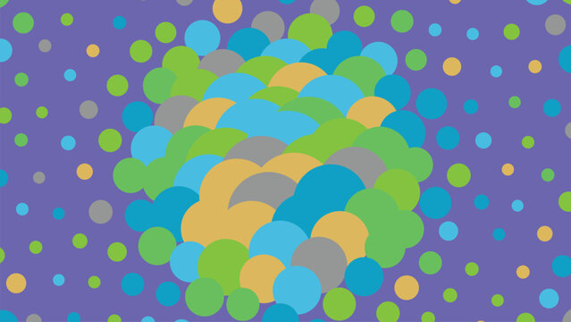 Playful background pattern with scattered blue and green circles of varying sizes on purple backdrop creating dense central cluster digital vector art.